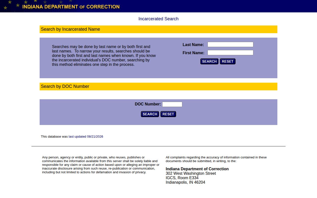 IDOC Monroe County offender record search interface